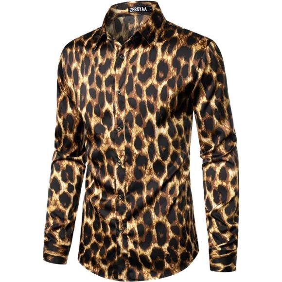 Men's Hipster Printed Slim Fit Long Sleeve Button Up Satin Dress Shirts - Picture 3 of 7